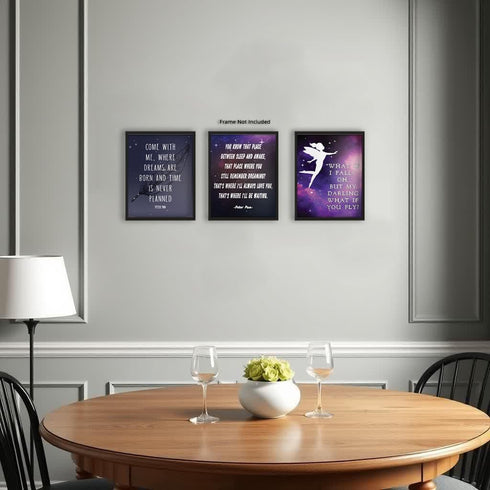 Posterizer 3 pcs-Purple Girly Peter Pan, Fairies Cartoon Quotes-Kids Room Art-Quotes- Decor for nursery toddlers kids room- unframed wall art...